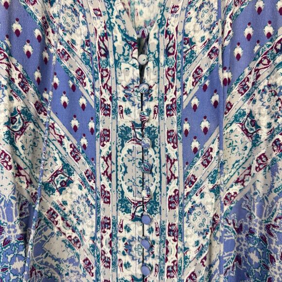 Free People Magic Mystery Sky Blue Print Long Flare Sleeve Boho Top - Picture 8 of 11